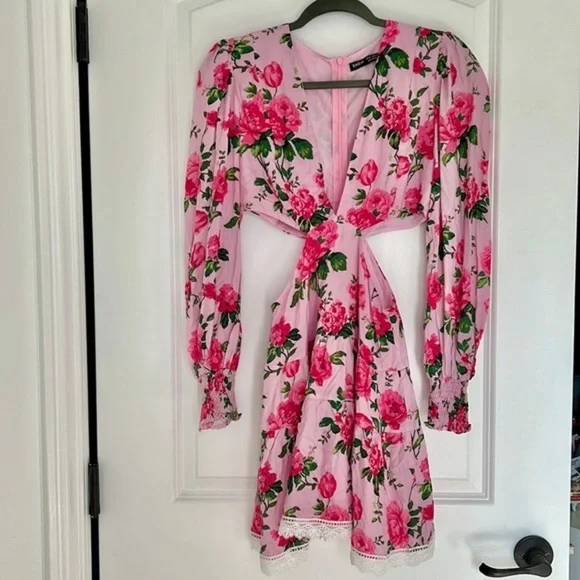 Barbie Pink Rose Floral LoveShackFancy style Mini Cut Out Flowy Summer Dress XS - Picture 3 of 13